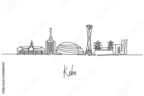 Kobe city skyline in Hyogo as a continuous line drawing, with Port Tower, Harborland dome, and Meriken Park, a sleek cityscape concept reflecting bay culture, maritime vibes, travel, and city life.