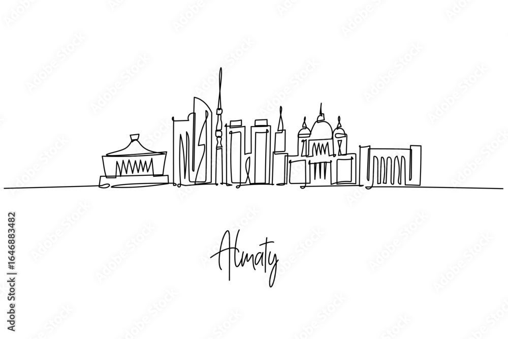 Fototapeta premium Almaty city skyline in Kazakhstan as a one line drawing, showing Kok Tobe tower, Zenkov Cathedral and sleek blocks, a mountain cityscape concept celebrating Alatau spirit, culture, travel and life.