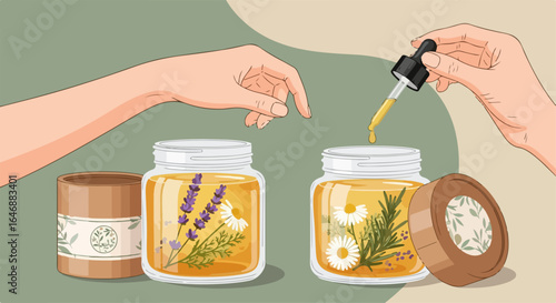 An illustration of making homemade infused oils with lavender and chamomile flowers for aromatherapy and natural skincare.