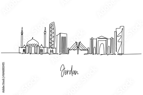 Jordan landmark skyline as a one line drawing, mixing Amman mosques, towers, bridges and arches, a country skyline concept celebrating Middle East heritage, travel, Petra spirit, and desert life.