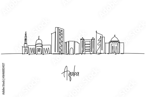 Aqaba city skyline in Jordan as a continuous line drawing, with Red Sea waterfront, mosques, resorts and towers, a cityscape concept celebrating coastal culture, travel, coral reefs, and port life.