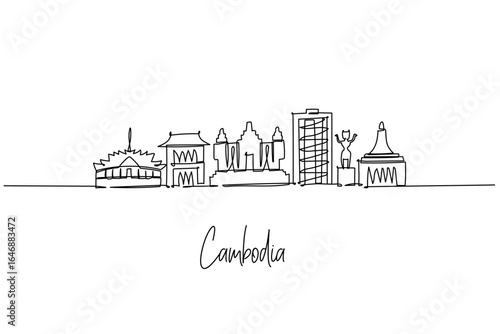 Cambodia landmark skyline as a one line drawing, merging Angkor towers, modern blocks and stupa forms, a national city skyline concept celebrating Khmer heritage, Mekong culture and travel.