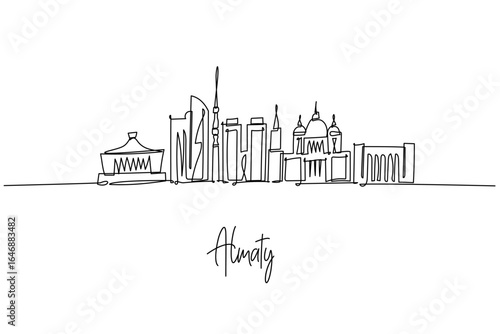 Almaty city skyline in Kazakhstan as a one line drawing, showing Kok Tobe tower, Zenkov Cathedral and sleek blocks, a mountain cityscape concept celebrating Alatau spirit, culture, travel and life.
