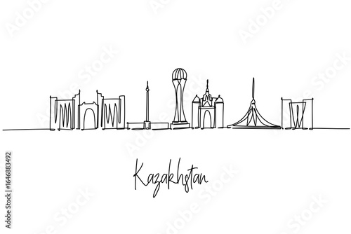 Kazakhstan landmark skyline as a single line drawing, uniting Bayterek Tower, Khan Shatyr and arches, a city skyline concept celebrating steppe heritage, energy, travel and Central Asia.