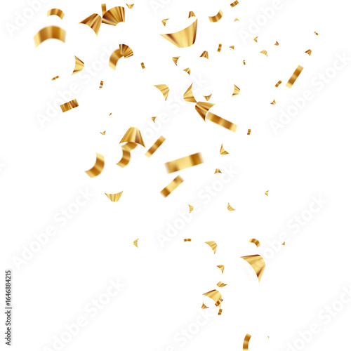 A cascade of shiny gold confetti pieces of various shapes and sizes falling against a solid black background, creating a dynamic effect.

