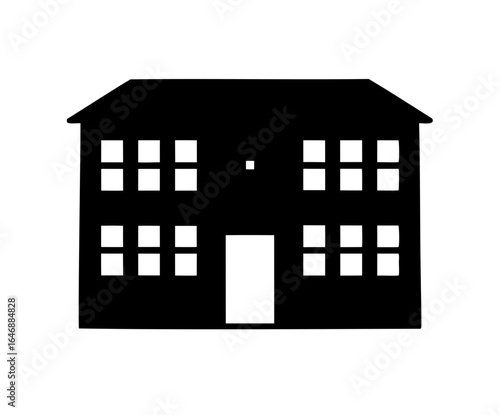 Two story house in black silhouette with multiple windows and door