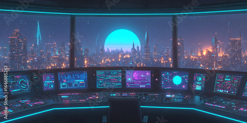 SALA DE CONTROL FUTURISTA CON VISTA NOCTURNA A LA CIUDAD
