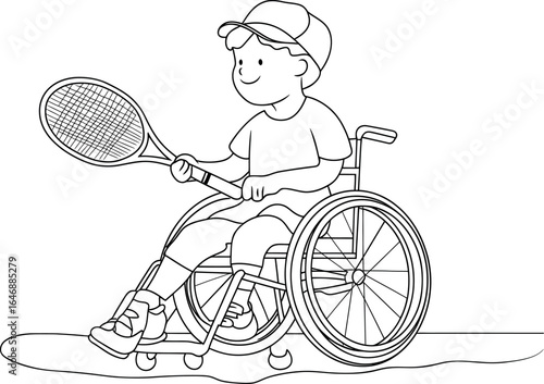A child seated in a wheelchair is depicted playing with a ball in a continuous one-line drawing that highlights a kid with a disability