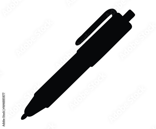 Silhouette of a black rollerball pen with a cap and clip on white