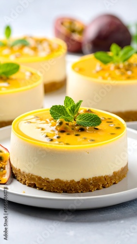 Mini cheesecakes topped with passion fruit curd and mint