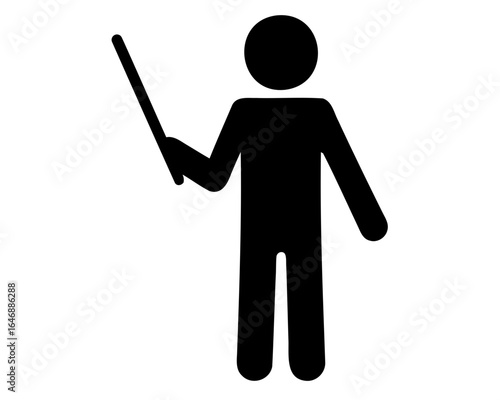 Black stick figure instructor with a pointer on a white background