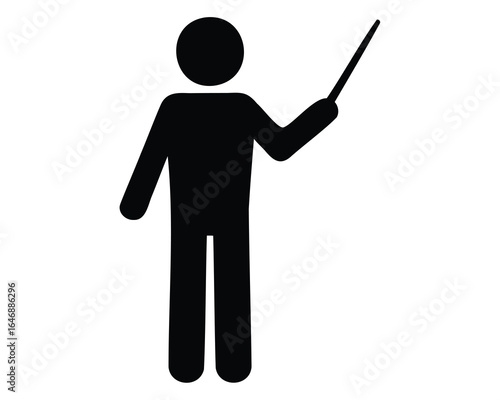Simple black pictogram of a person holding a pointer or wand stick