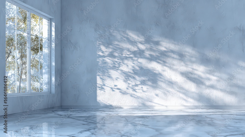 Fototapeta premium Empty Modern Concrete Room With Large Window And Sunlight