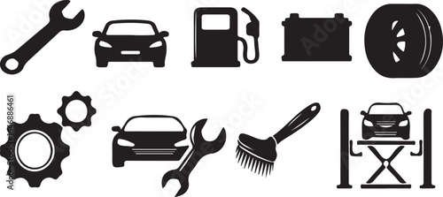 Illustration of car service elements including tools and equipment