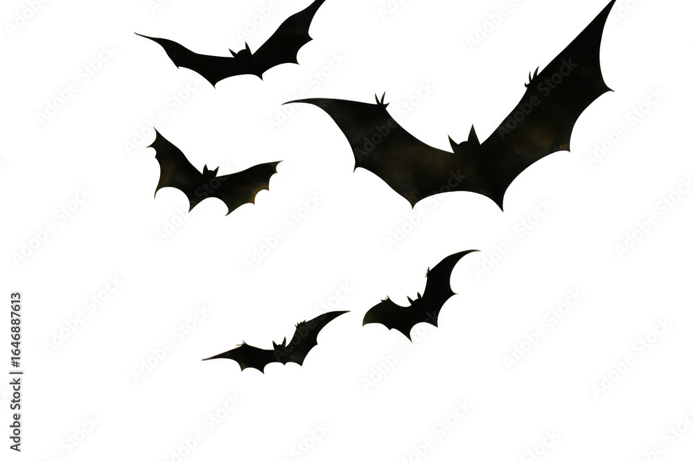 Fototapeta premium Five black bats flying in different directions isolated on transparent background