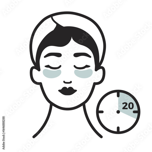 Skincare routine illustration, woman face mask. Beauty procedure theme. Vector design, square composition, simple flat contour icon. Beauty salon or home care. 