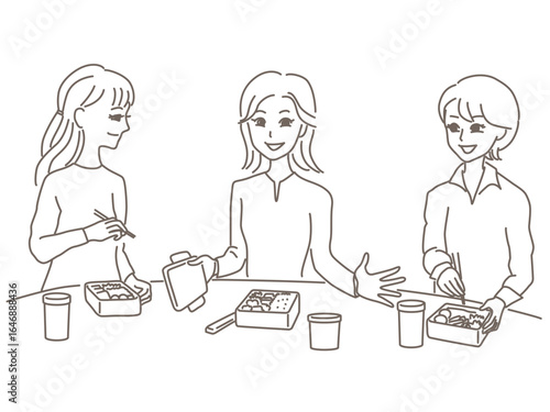 職場の昼休みに女性社員がお弁当タイムを楽しんでいる線画イラスト