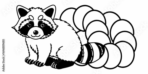 Cartoon raccoon with a large striped tail in black and white outline illustration style image art on transparent background