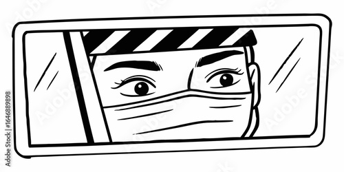 Reflection in mirror of person wearing mask and headband with black and white stripes looking forward on transparent background