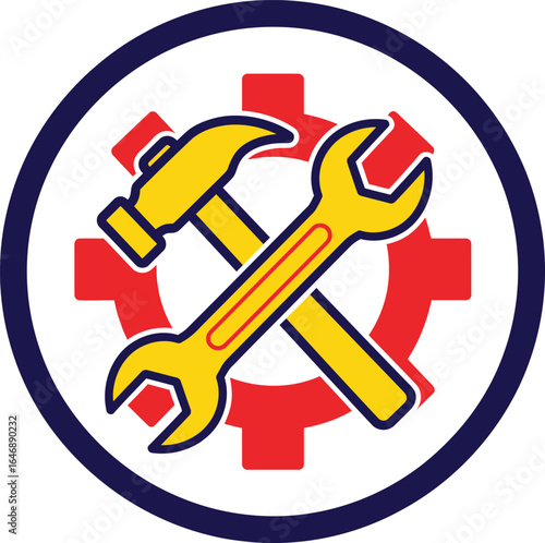 Minimalist Circular Labor Day Badge with Gear Icon, Hammer and Wrench in Patriotic Vector Style