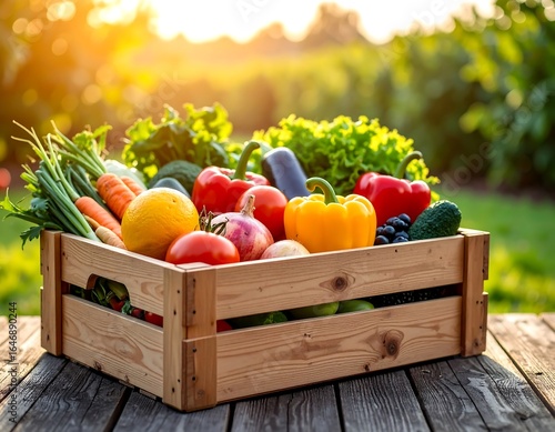 Fresh vegetables in wooden crate outdoors