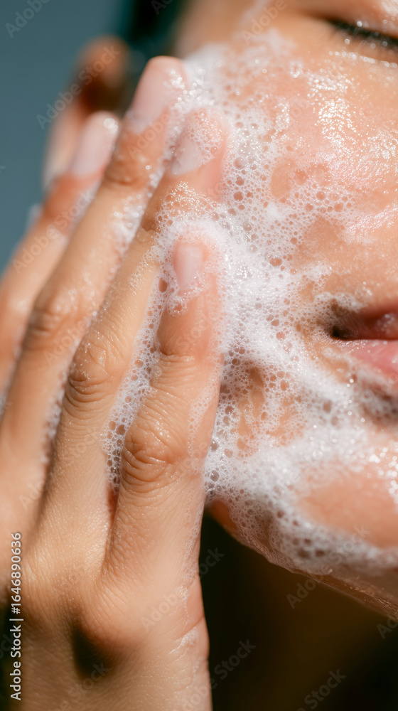 Fototapeta premium A close-up of a person washing their face, with hands applying a foamy cleanser. Bubbles cling to the skin, highlighting the cleansing action and smooth texture.
