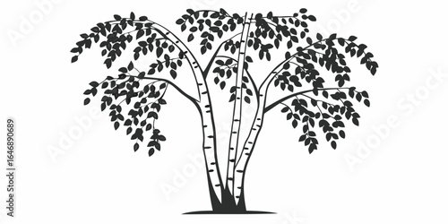 Silhouette of birch trees with leaves in a dense cluster against a white background design element on transparent background