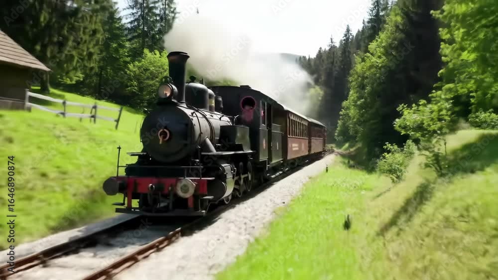 Steam old train going in the forest mocanita Valley railway Romania with some wooden cabin home travel scenario Steam old train going in the forest mocanita Valley railway Romania with some wooden cabin home travel scenario