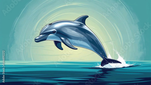High-resolution vector of a playful dolphin jumping out of the water, clean smooth lines, realistic shading, vibrant ocean colors, minimal background. AI Generate