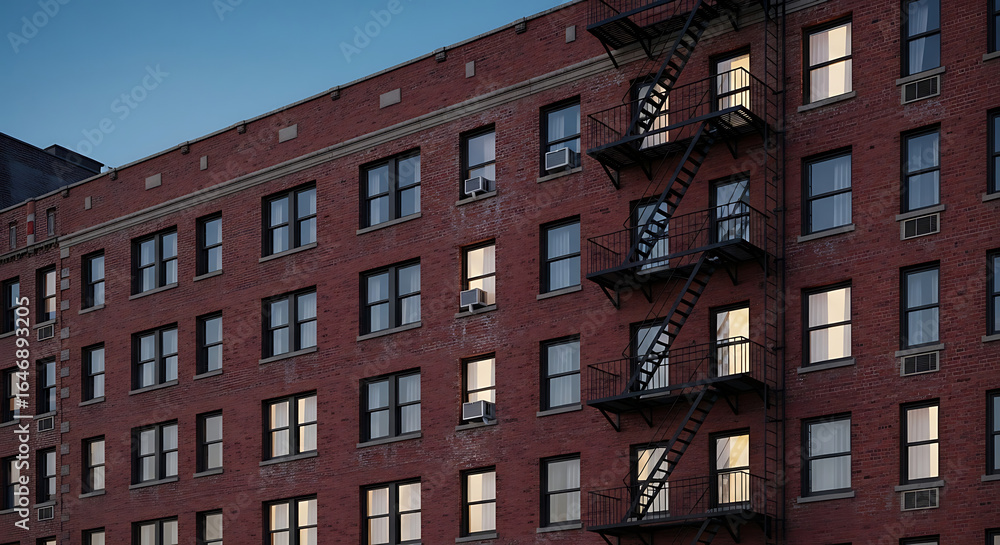 Fototapeta premium Exterior view of a brick apartment building with fire escape and illuminated windows.