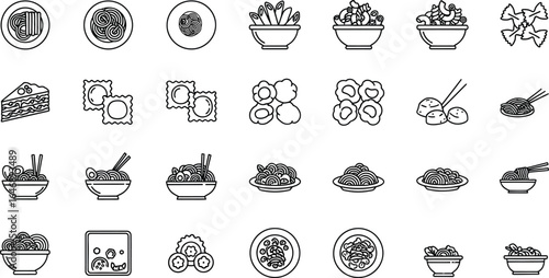 Vector icon sheet of  various noodle and pasta dishes, showcasing a diverse range of culinary styles and ingredients for food lovers