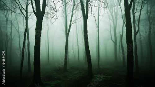Forest shrouded in a supernatural fog where the trees are tall and sinister their branches heavy with overgrown moss Shadows flicker at the edges and an eerie unnatural silence fills the air