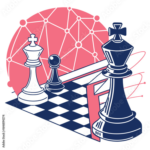 Chess pieces, including two kings and a pawn, are positioned on a chessboard with a network graphic in the background.
