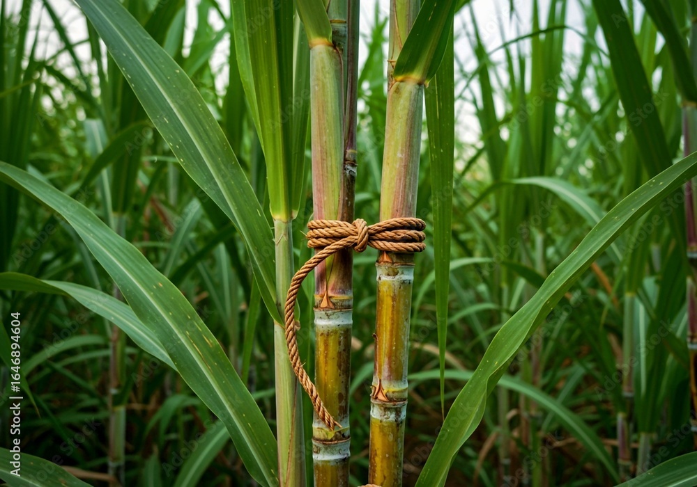 Fototapeta premium close up of green grass, Plant known for producing sweet, natural sugar, juice. Thick, segmented structure