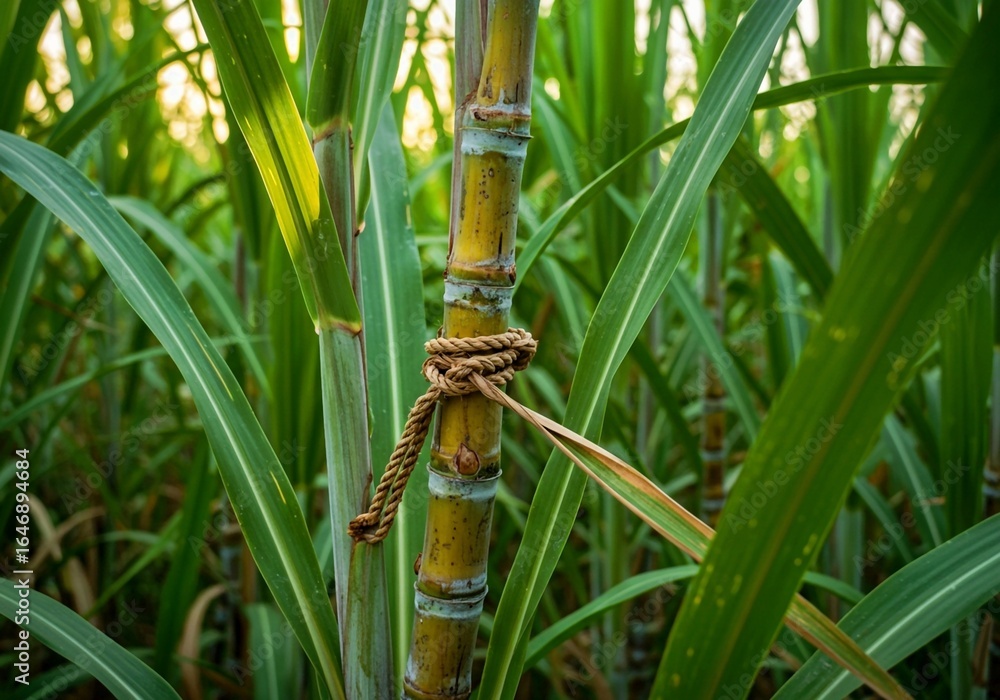 Fototapeta premium dragonfly on a green leaf, Plant known for producing sweet, natural sugar, juice. Thick, segmented structure