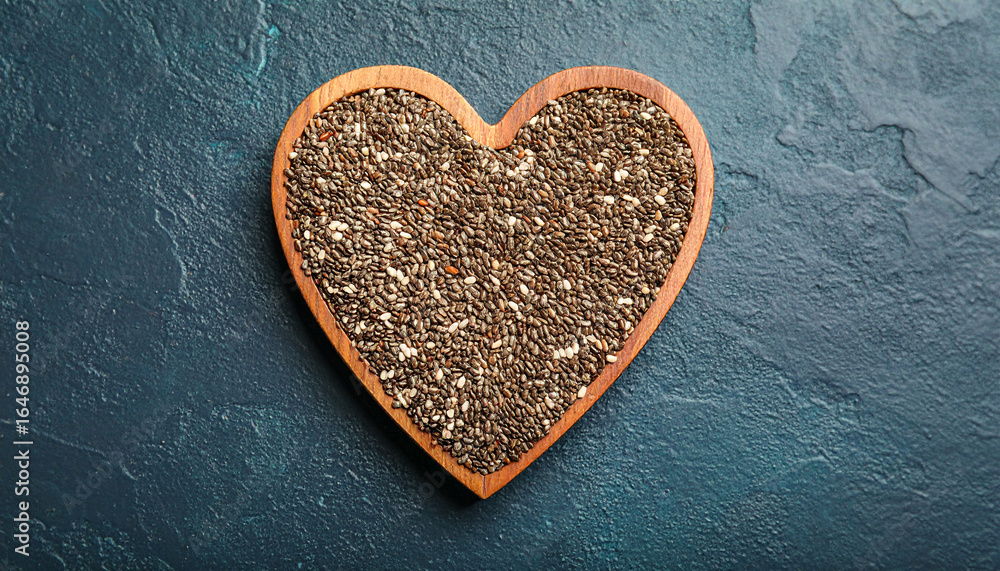 Obraz premium Heart-shaped wooden bowl filled with chia seeds on a dark textured surface.
