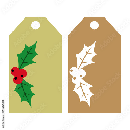 Set de etiquetas de precio con silueta de hojas y bayas de acebo en espacio negativo, para regalos de Navidad
