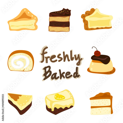 Cute vector set of bread, pastries and cakes with the text "Freshly Baked". Flat design, isolated on white. Perfect for bakery menu, coffee shop decor, desserts, recipes and food packaging design.