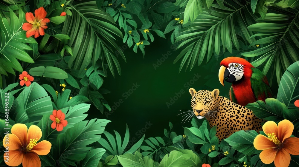 Naklejka premium Lush jungle scene with jaguar and parrot