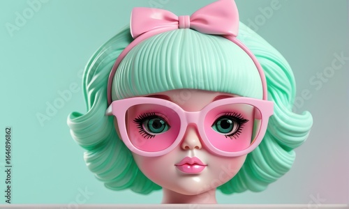 Mint Green Hair Doll with Pink Sunglasses and Bow