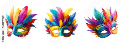 Set of three carnival mask with colorful feathers isolated on a transparent background