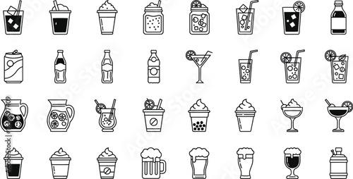 Vector icon sheet of  beverages, including cocktails, smoothies, beers, and more, presented as a line art illustration