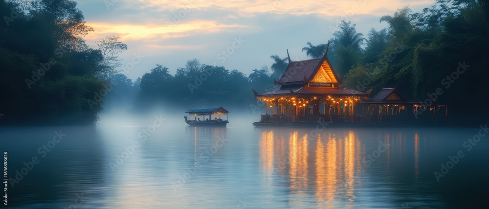Obraz premium Serene Misty Morning Over Traditional Waterfront House at Dusk