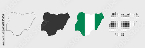 Nigeria map detailed in outline, black, flag color, and dotted style