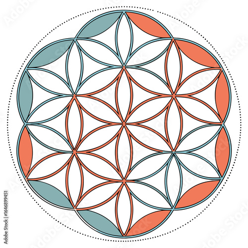 Geometric flower of life sacred geometry pattern with teal and coral petals and a dotted outer circle