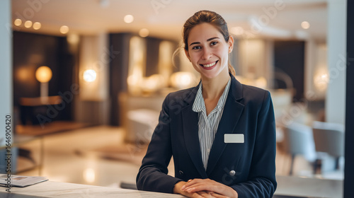 Professional female hotel manager standing confidently behind the reception desk in hotel lobby, warmly greeting guests with a friendly and professional welcome smile.