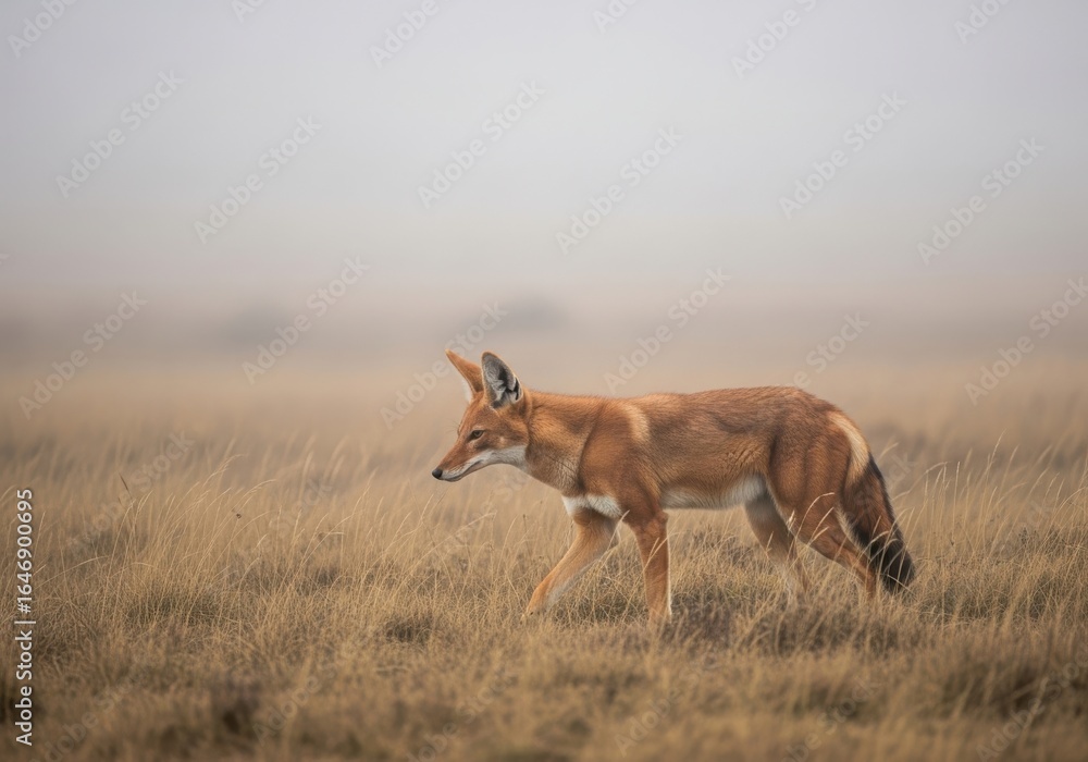 Obraz premium Ethiopian wolf canis simensis hunting rodent in grassland conservation area
