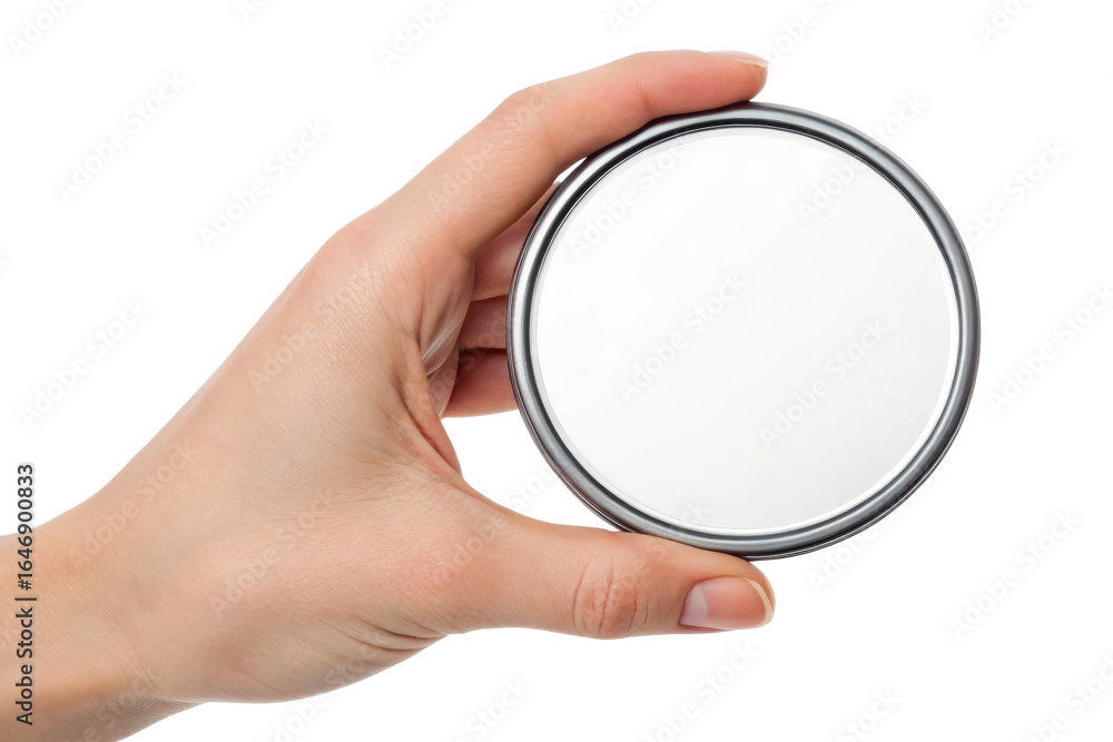 Fototapeta premium Oval Handheld Mirror with Silver Frame isolated on White Background