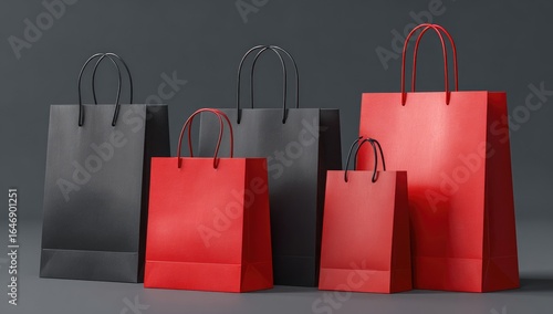 Red and black shopping bags arranged on a gray surface