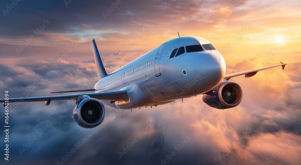 Obraz premium Jet plane soaring through sunset clouds